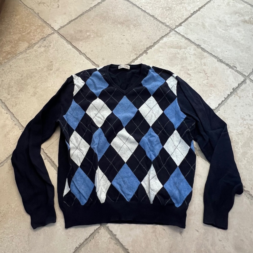 J.Crew Mens XL Argyle V-Neck Sweater Navy Blue Cotton Cashmere Blend